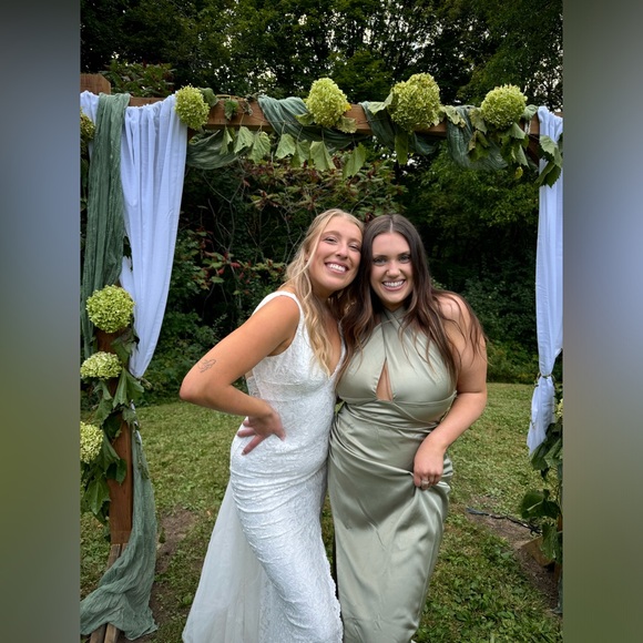 Show Me Your Mumu Adele Halter Maxi Dress - Moss Green Luxe Satin, Size L - Picture 3 of 5